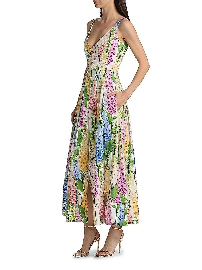 Foxgloves-Print Stretch-Cotton Poplin Maxi Dress