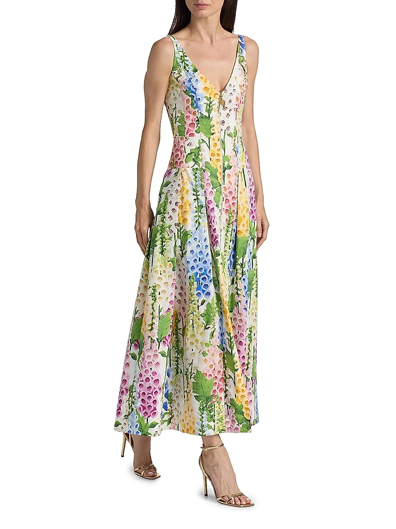 Foxgloves-Print Stretch-Cotton Poplin Maxi Dress