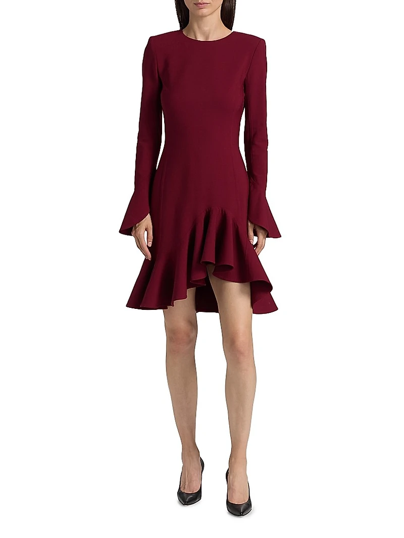 Asymmetric Stretch-Wool Long-Sleeve Minidress