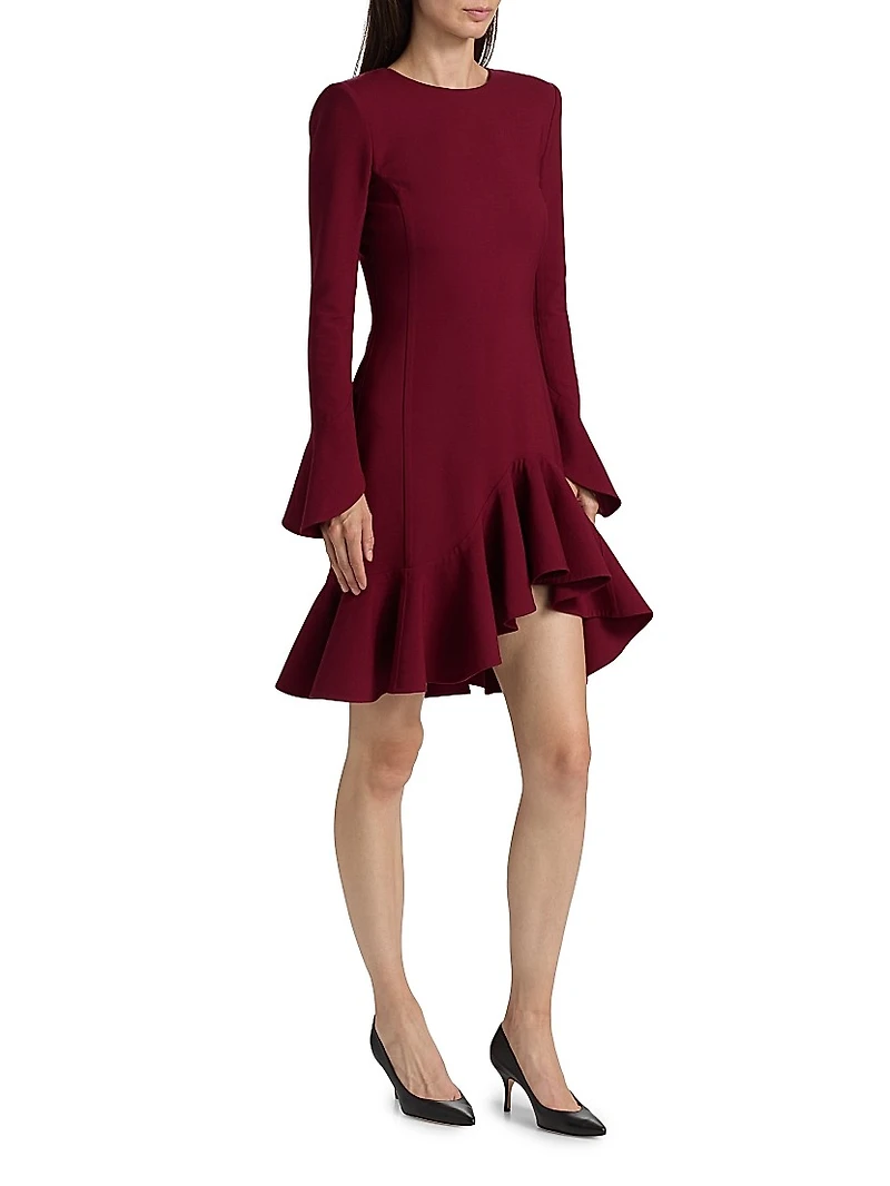 Asymmetric Stretch-Wool Long-Sleeve Minidress