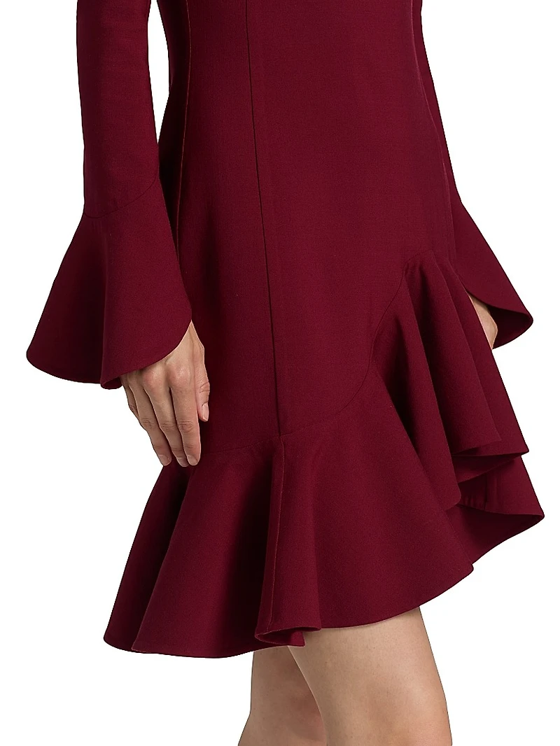Asymmetric Stretch-Wool Long-Sleeve Minidress