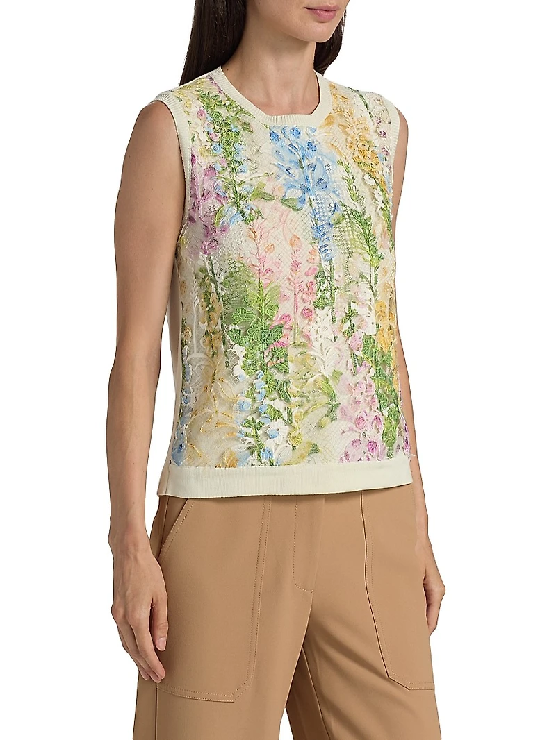 Foxgloves-Embroidered Lace Insert Knit Tank