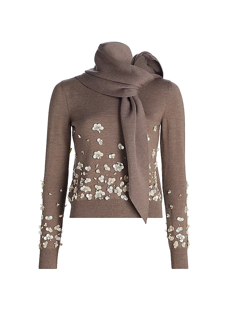 Mother-of-Pearl & Crystal Floral-Embroidered Wool Tieneck Sweater