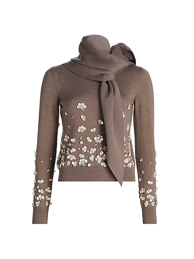 Mother-of-Pearl & Crystal Floral-Embroidered Wool Tieneck Sweater