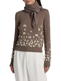 Mother-of-Pearl & Crystal Floral-Embroidered Wool Tieneck Sweater