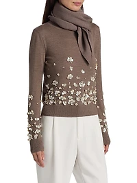 Mother-of-Pearl & Crystal Floral-Embroidered Wool Tieneck Sweater