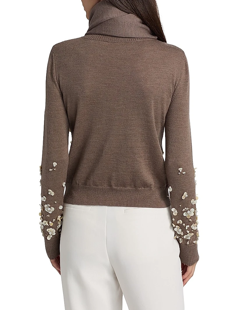 Mother-of-Pearl & Crystal Floral-Embroidered Wool Tieneck Sweater