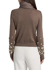 Mother-of-Pearl & Crystal Floral-Embroidered Wool Tieneck Sweater