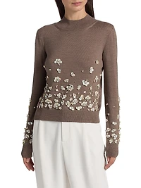 Mother-of-Pearl & Crystal Floral-Embroidered Wool Tieneck Sweater