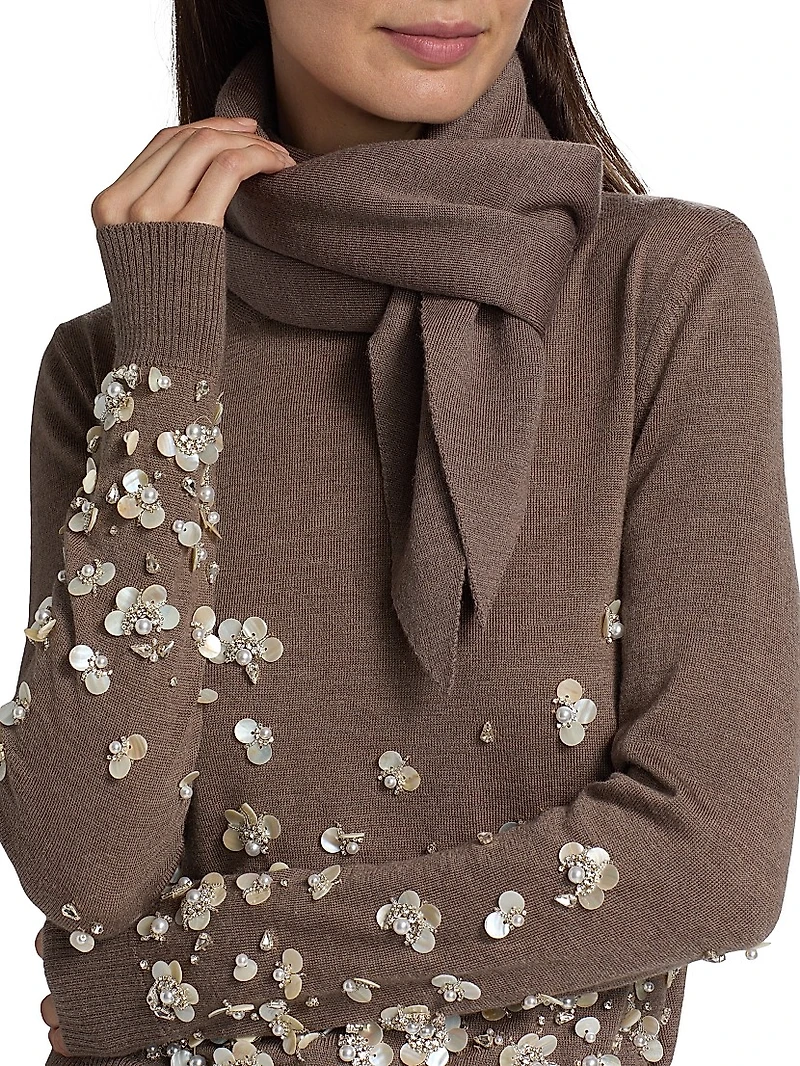 Mother-of-Pearl & Crystal Floral-Embroidered Wool Tieneck Sweater
