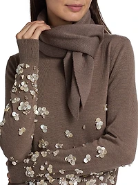 Mother-of-Pearl & Crystal Floral-Embroidered Wool Tieneck Sweater