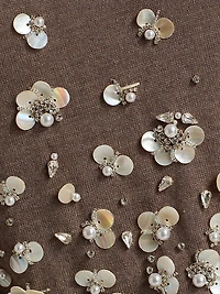 Mother-of-Pearl & Crystal Floral-Embroidered Wool Tieneck Sweater