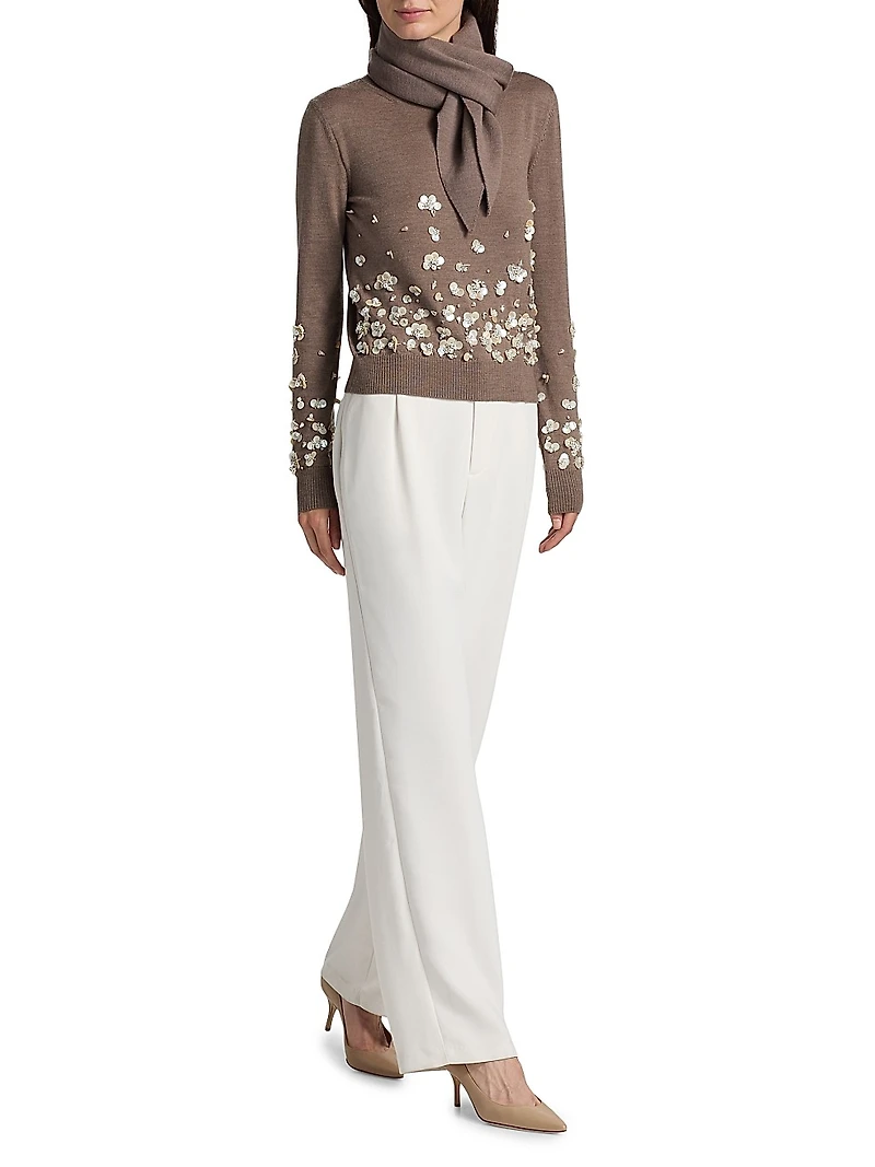 Mother-of-Pearl & Crystal Floral-Embroidered Wool Tieneck Sweater