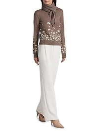 Mother-of-Pearl & Crystal Floral-Embroidered Wool Tieneck Sweater