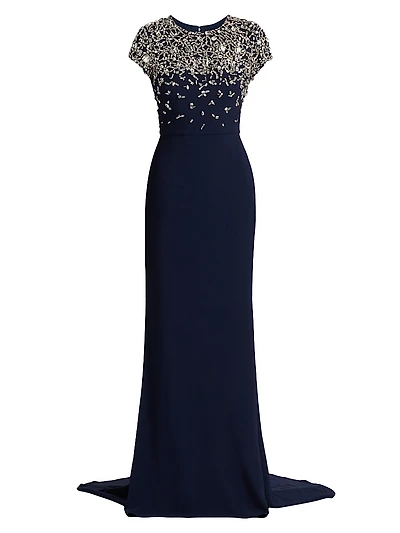 Crystal Embroidered Cap-Sleeve Gown