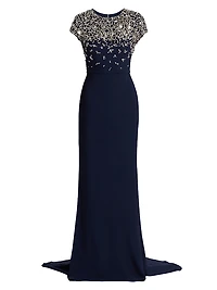 Crystal Embroidered Cap-Sleeve Gown