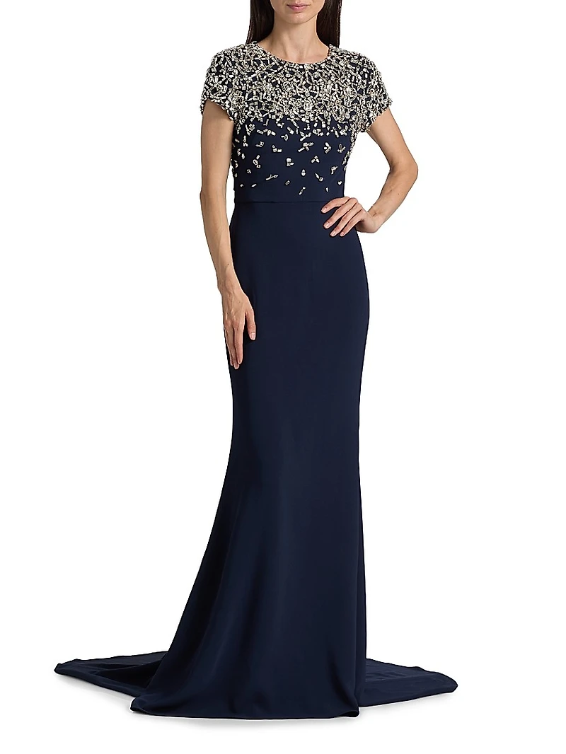 Crystal Embroidered Cap-Sleeve Gown