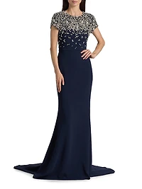 Crystal Embroidered Cap-Sleeve Gown