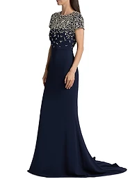 Crystal Embroidered Cap-Sleeve Gown