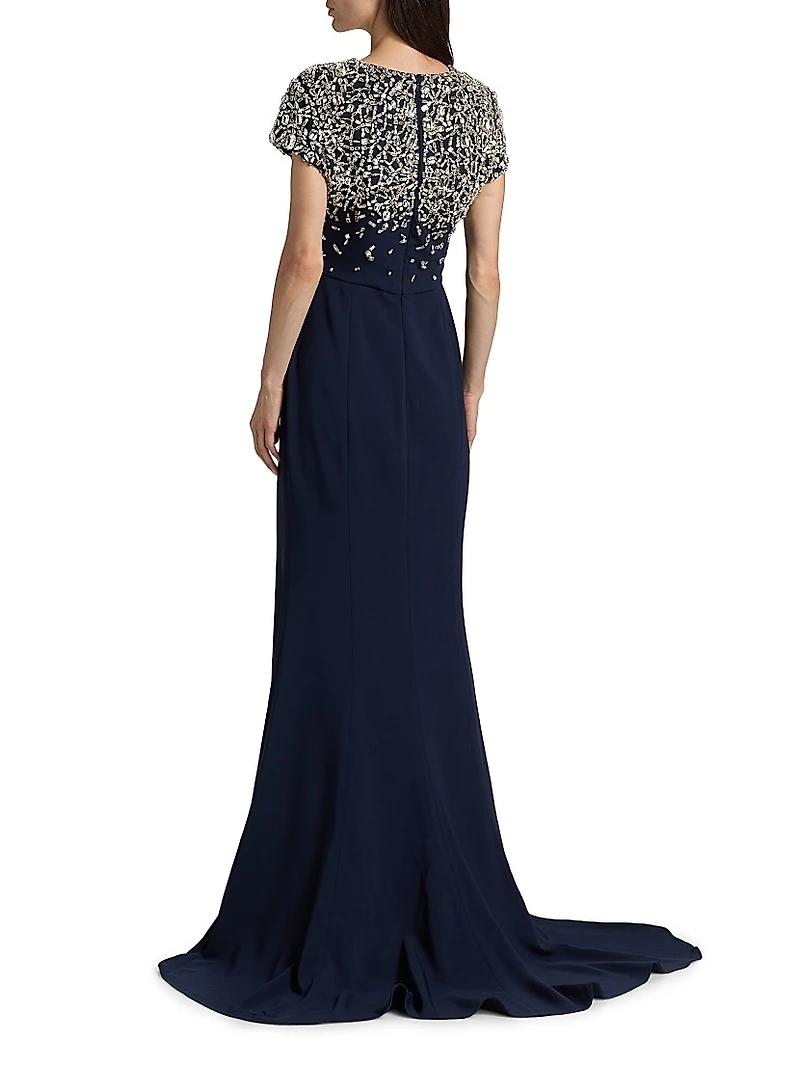Crystal Embroidered Cap-Sleeve Gown