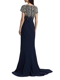 Crystal Embroidered Cap-Sleeve Gown