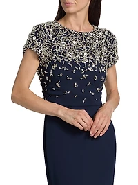 Crystal Embroidered Cap-Sleeve Gown
