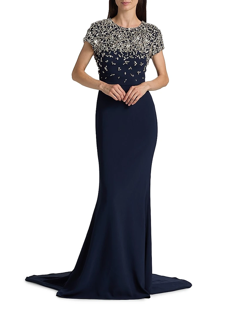 Crystal Embroidered Cap-Sleeve Gown