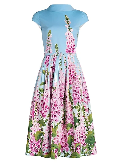 Foxglove-Print Cotton Poplin Cap-Sleeve Midi-Dress