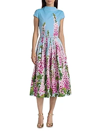 Foxglove-Print Cotton Poplin Cap-Sleeve Midi-Dress