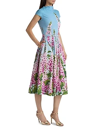 Foxglove-Print Cotton Poplin Cap-Sleeve Midi-Dress