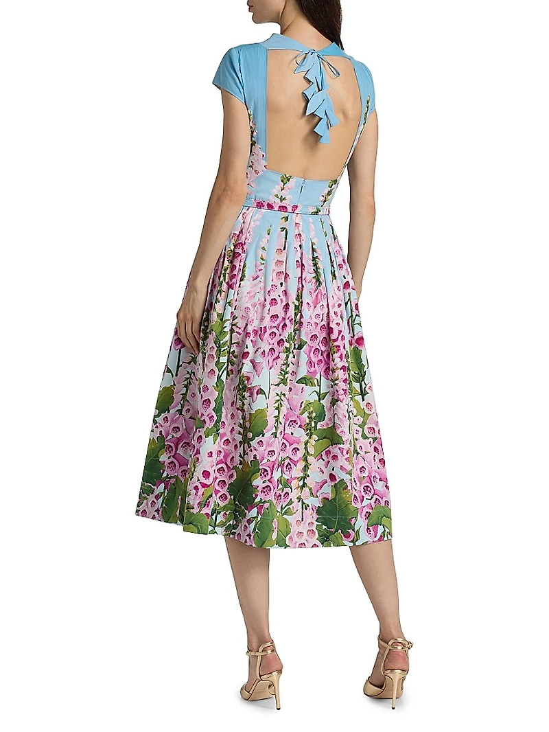 Foxglove-Print Cotton Poplin Cap-Sleeve Midi-Dress