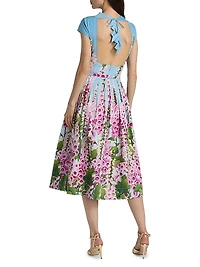 Foxglove-Print Cotton Poplin Cap-Sleeve Midi-Dress