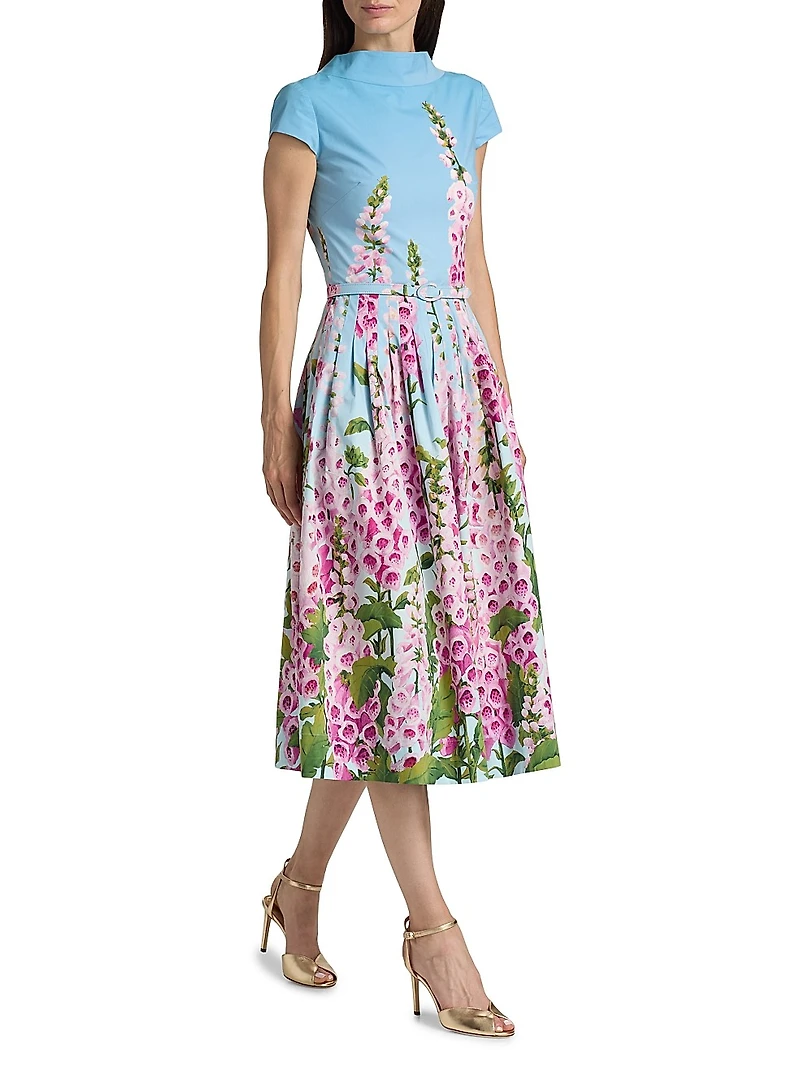 Foxglove-Print Cotton Poplin Cap-Sleeve Midi-Dress