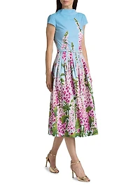 Foxglove-Print Cotton Poplin Cap-Sleeve Midi-Dress