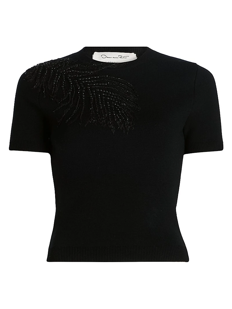Embroidered Feather Wool-Blend Short-Sleeve Sweater