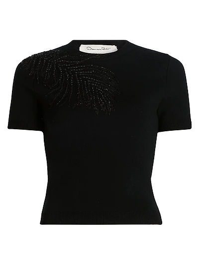 Embroidered Feather Wool-Blend Short-Sleeve Sweater