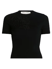 Embroidered Feather Wool-Blend Short-Sleeve Sweater