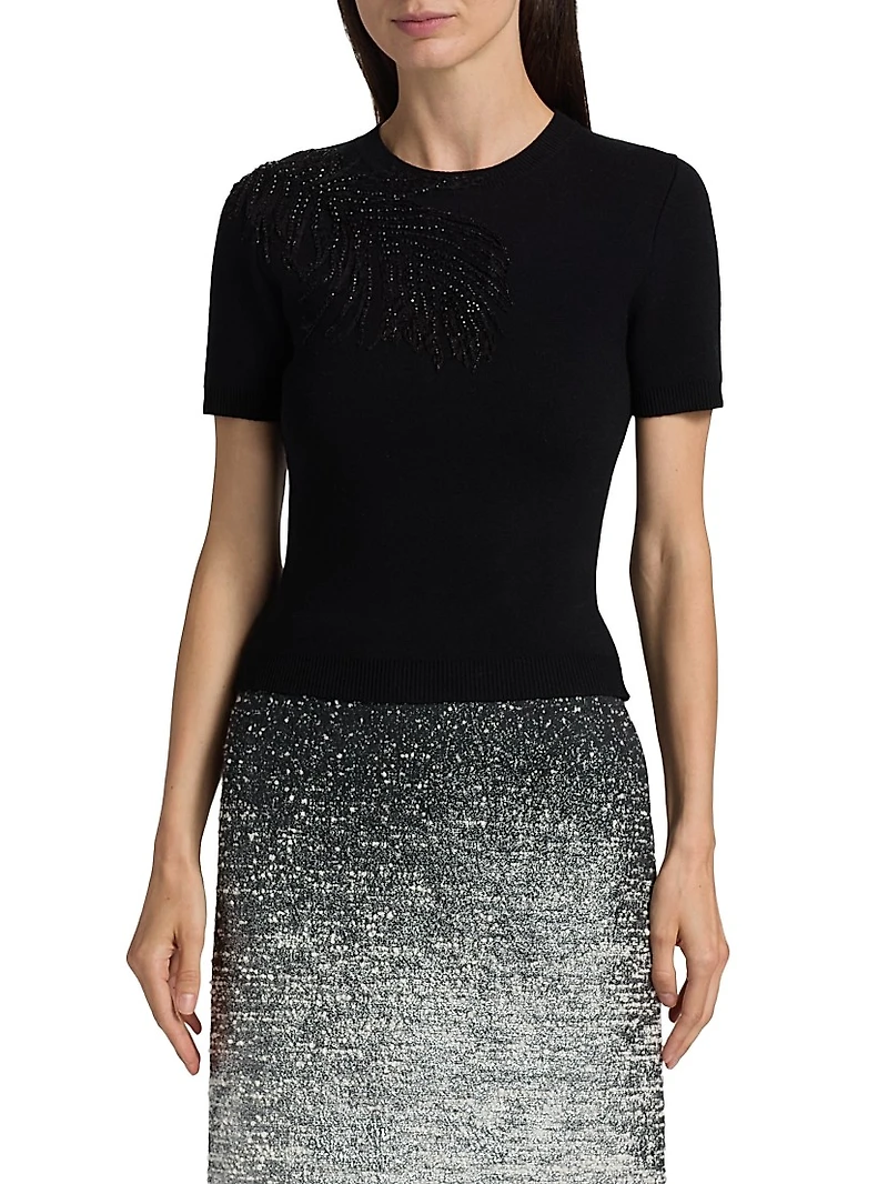 Embroidered Feather Wool-Blend Short-Sleeve Sweater