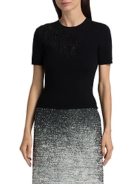 Embroidered Feather Wool-Blend Short-Sleeve Sweater