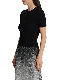Embroidered Feather Wool-Blend Short-Sleeve Sweater