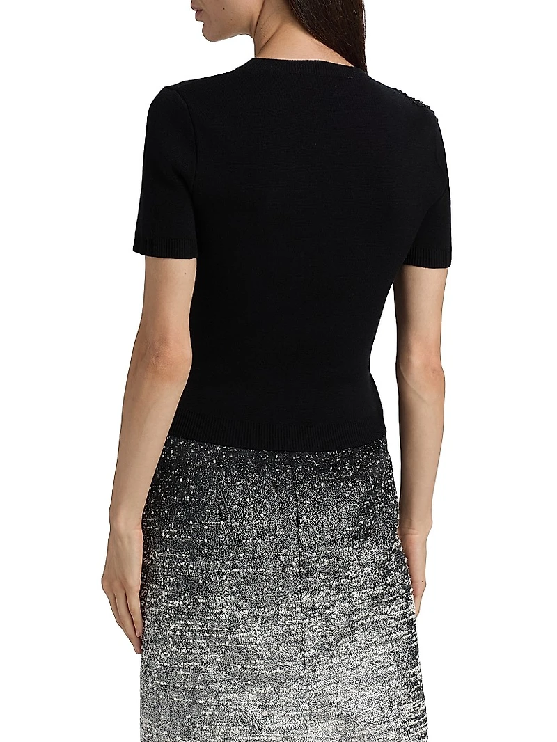 Embroidered Feather Wool-Blend Short-Sleeve Sweater