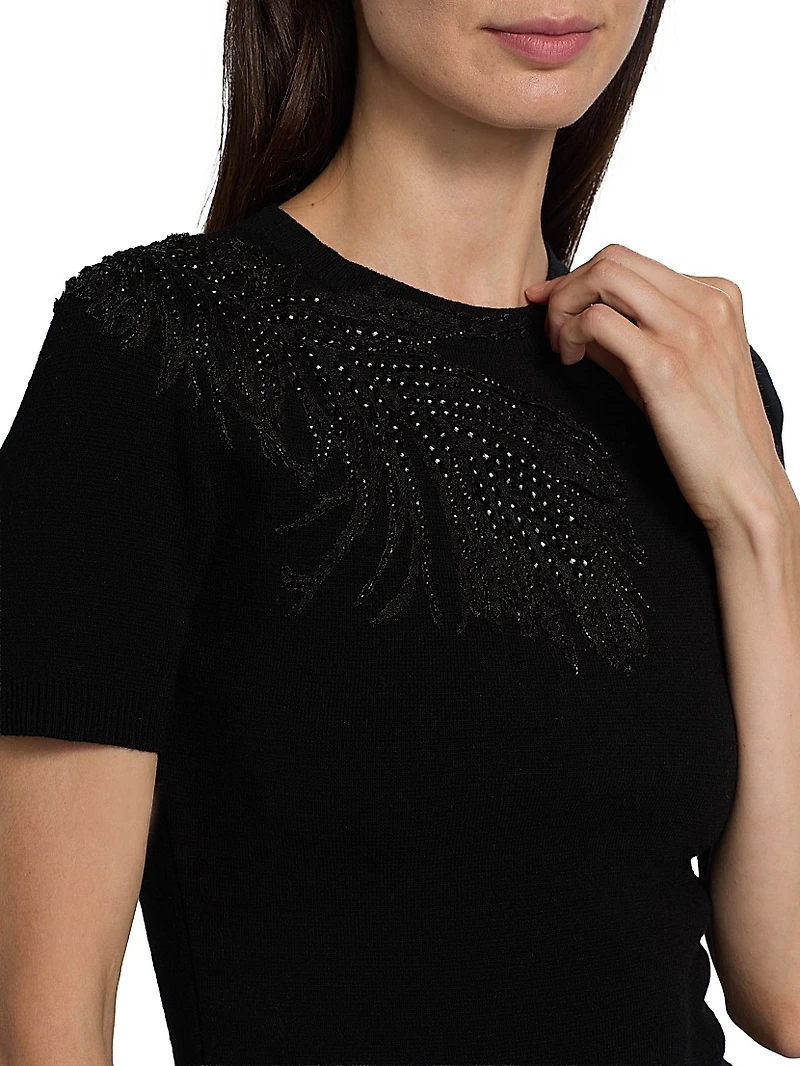 Embroidered Feather Wool-Blend Short-Sleeve Sweater