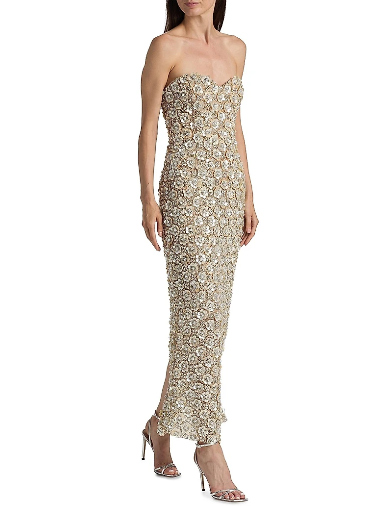 Mother-of-Pearl Embroidered Strapless Gown
