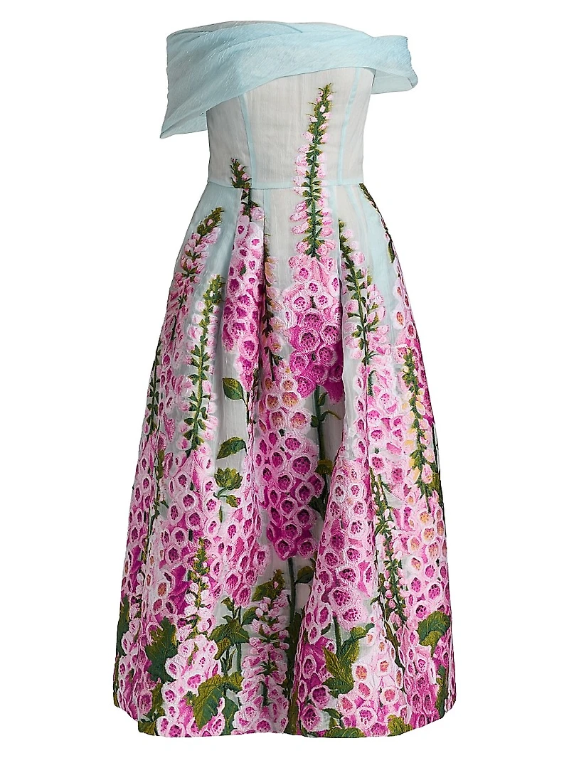 Foxgloves-Embroidered Organza Off-the-Shoulder Tea-Length Dress