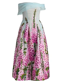 Foxgloves-Embroidered Organza Off-the-Shoulder Tea-Length Dress