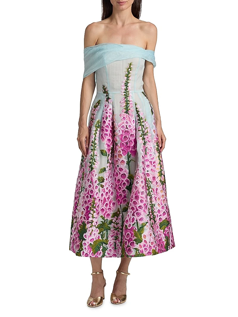 Foxgloves-Embroidered Organza Off-the-Shoulder Tea-Length Dress