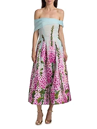 Foxgloves-Embroidered Organza Off-the-Shoulder Tea-Length Dress