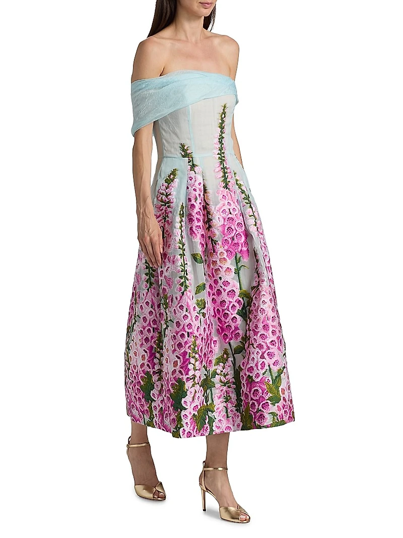 Foxgloves-Embroidered Organza Off-the-Shoulder Tea-Length Dress