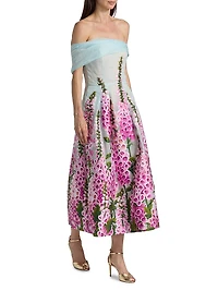 Foxgloves-Embroidered Organza Off-the-Shoulder Tea-Length Dress
