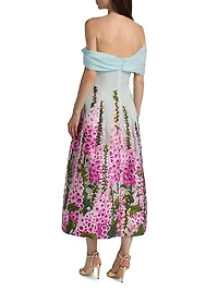 Foxgloves-Embroidered Organza Off-the-Shoulder Tea-Length Dress